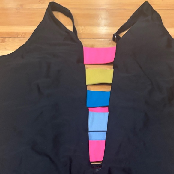 DKNY Black One-Piece Swimsuit with Pink, Yellow, and Blue Stripes - Picture 2 of 5